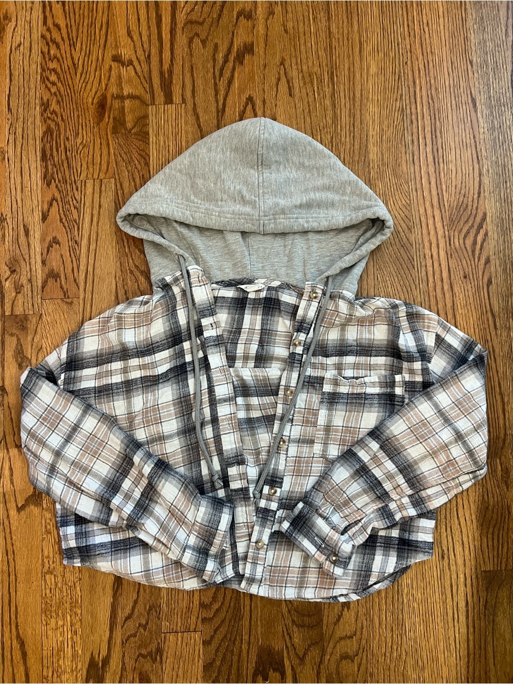 100% Cotton Women’s Cropped Plaid Hooded Flannel shirt- Gray & Brown